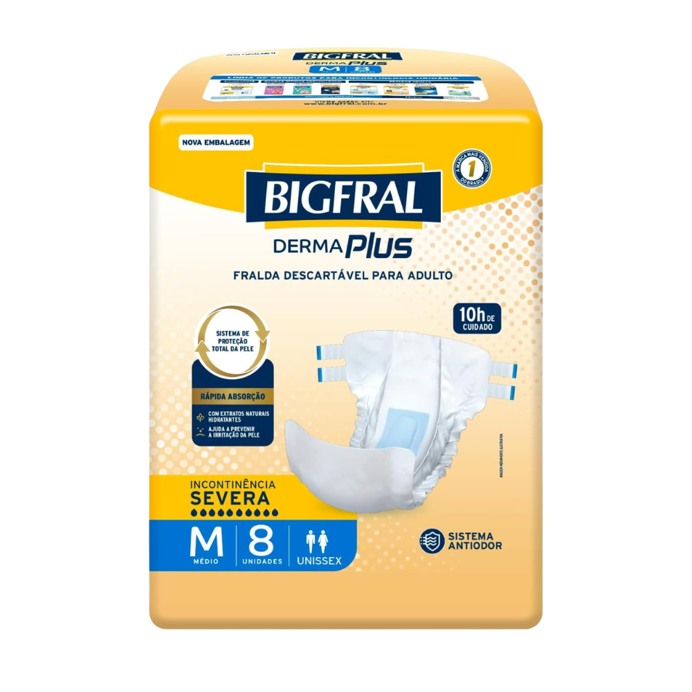 Fralda Geriátrica Descartável Bigfral Derma Plus - Pacote com 8 Unidades