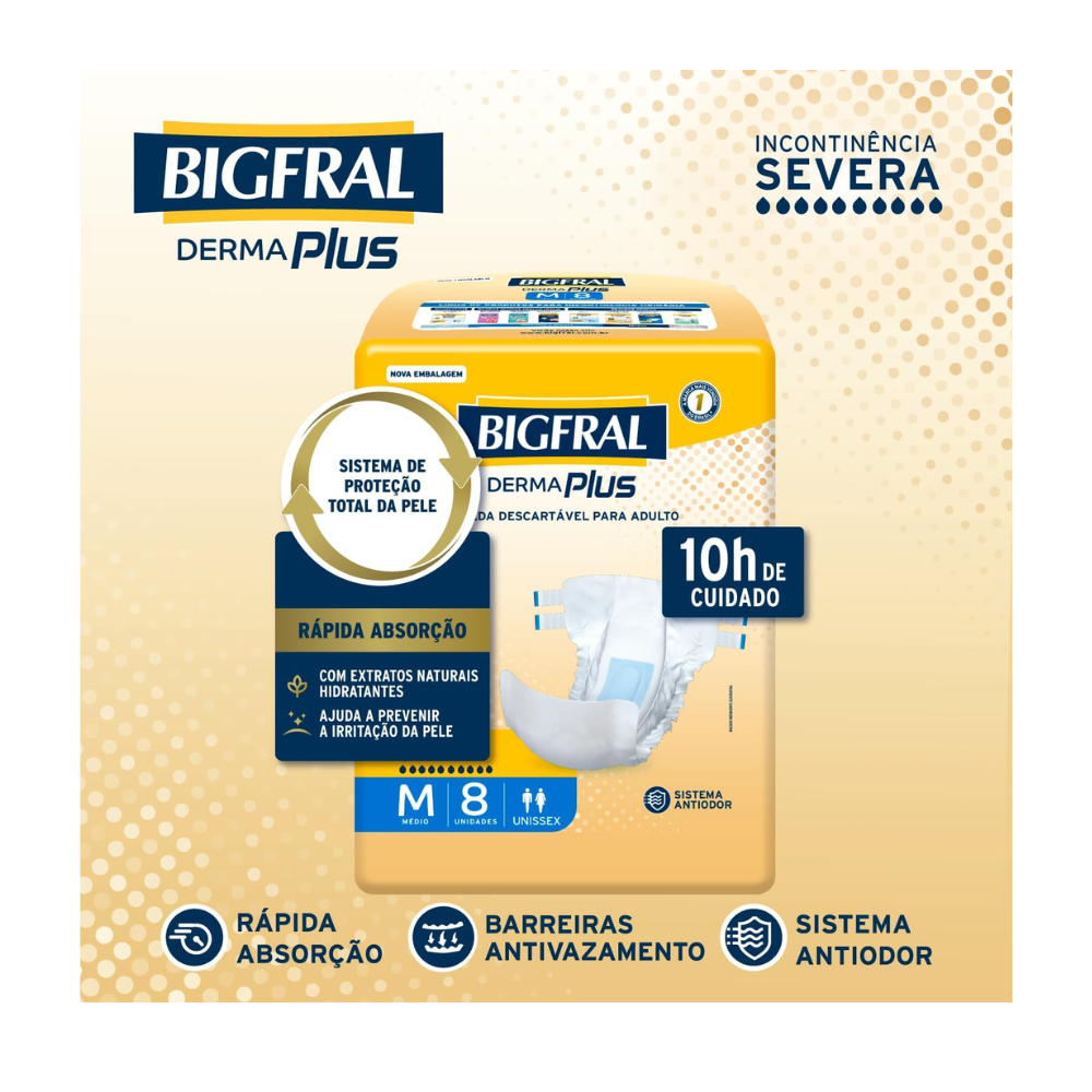Fralda Geriátrica Descartável Bigfral Derma Plus - Pacote com 8 Unidades