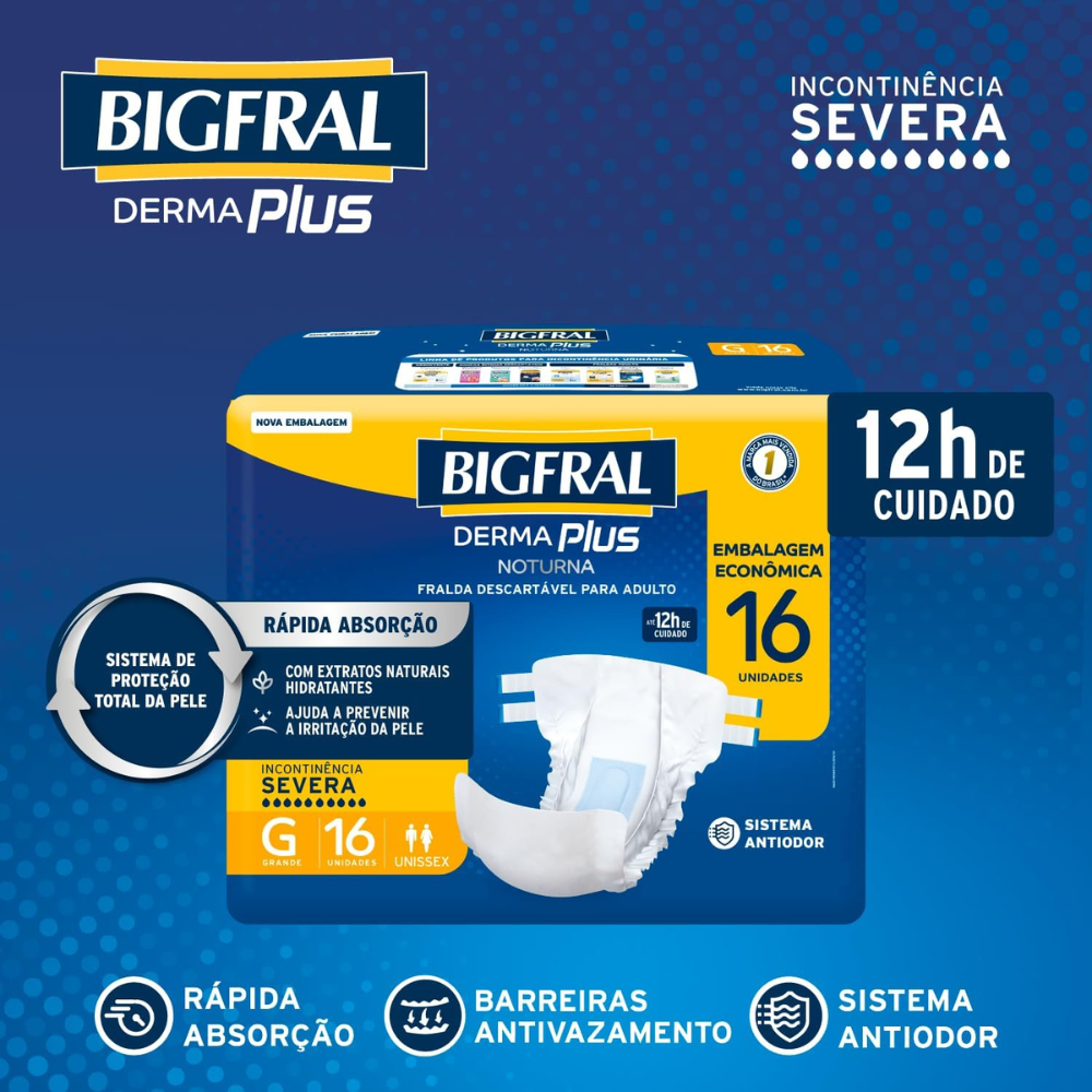 Fralda Geriátrica Bigfral Derma Plus Noturna Econômica — 16 Unidades