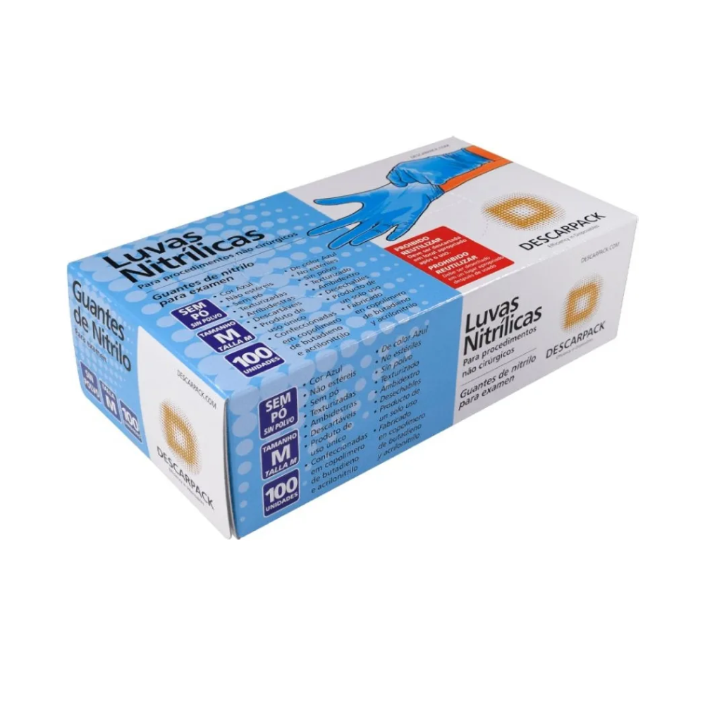 Luva de Nitrilo para Procedimento Não Cirúrgico Sem Pó Azul Descarpack - Caixa com 100 Unidades